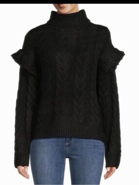 Joe's Jeans Black Cable-Knit Turtleneck Sweater with Ruffle Shoulders